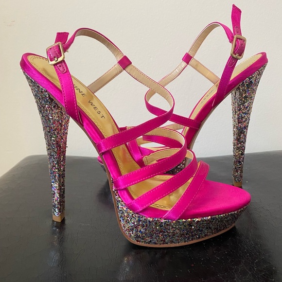 Nine West Warm Candy Pink Sparkle Heel Sandal - Size 7M - Picture 1 of 4